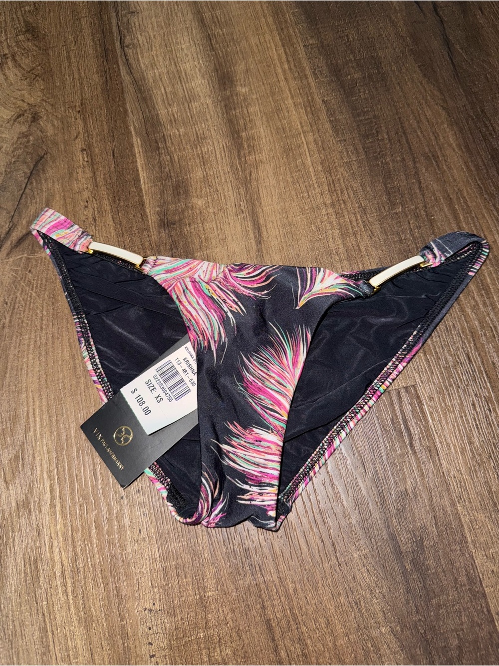 Vix Paula Hermanny Printed Bikini Bottom - Black with Pink & Teal Feather Design